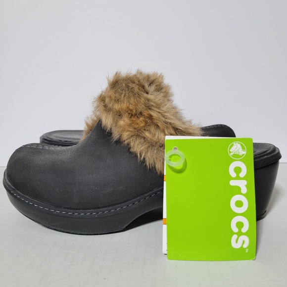 CROCS Shoes - Crocs Cobbler Black With Brown Faux Fur Trim Wedge Clog Mules Womens Size 9 NEW